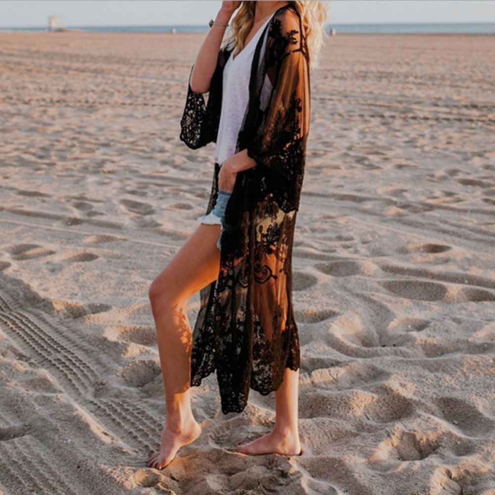 Boho Lace Embroidery Mesh Beach Coverup Cardigan - Picture 6 of 12